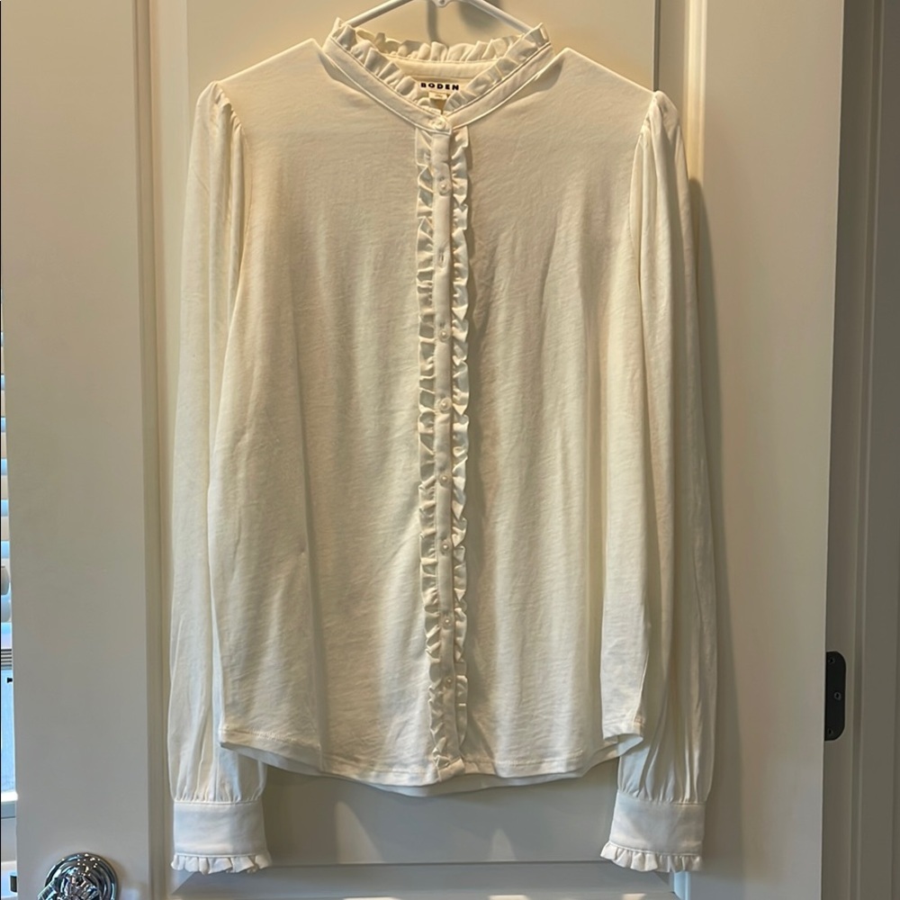 Boden Cream Ruffled Mandarin Collar Blouse